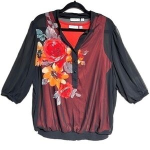 2 in 1 tank top and chiffon overlay top dark floral 3/4 sleeves cinch waist 1X